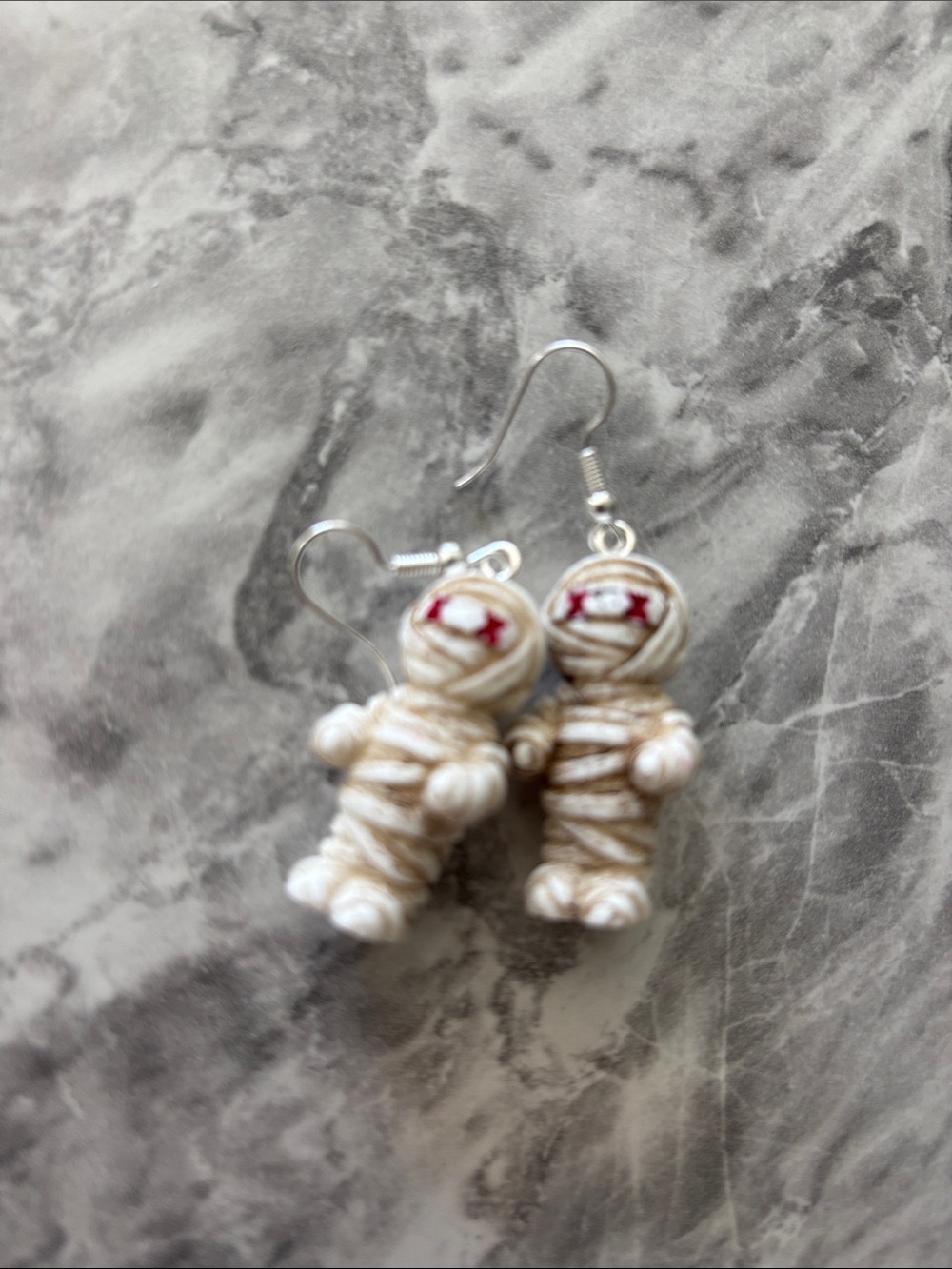 Handmade White Mummy Doll Drop Earrings with Red Eye Detail
